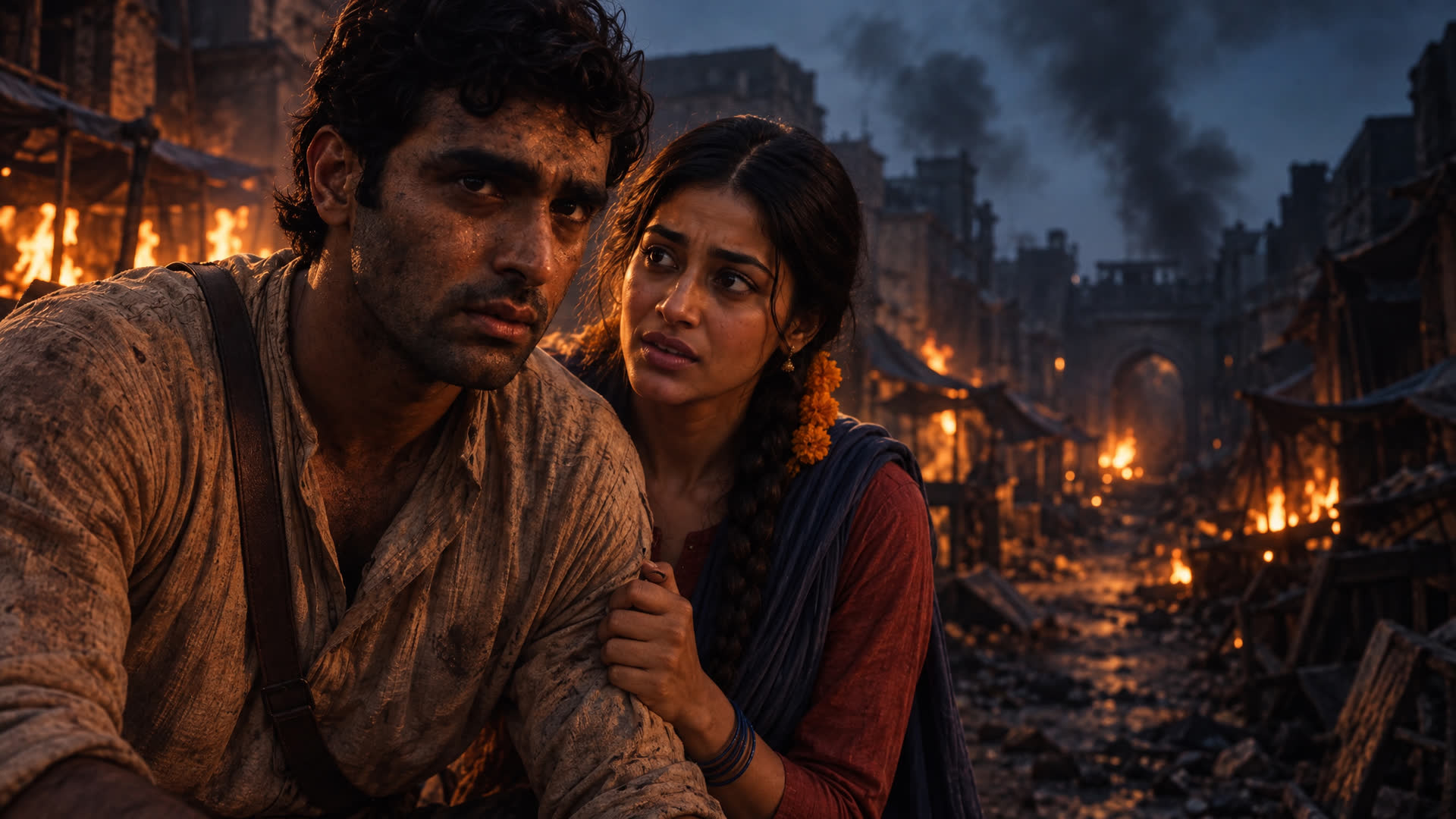 A man with soot on his face and a woman holding his arm, in a burning street at dusk