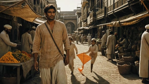 A man walks through a market street while a child runs past with an orange kite.