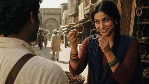 A smiling woman holds up a bangle, a man's shoulder in the foreground.
