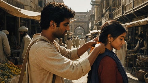 A man pins a garland of flowers into a woman's braid.