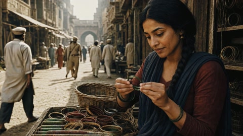 A woman at her bangle stall, constables walking behind her.