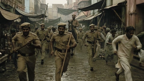 Constables in khaki charge down a market street with lathis, a mounted officer behind them.