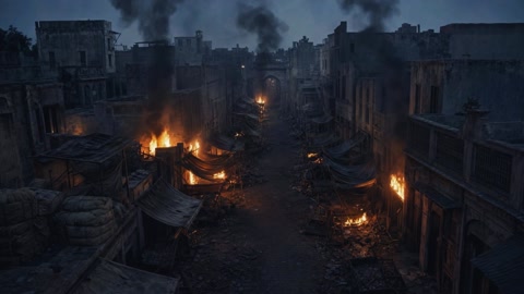 A street at night, fires burning among dark buildings.