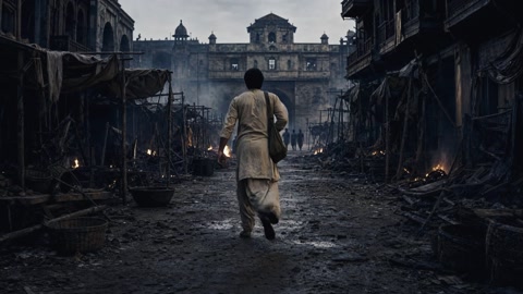 A man walks away down a ruined, smoking street toward a grand gate.