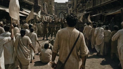 A man seen from behind walks through a march of people holding white flags.